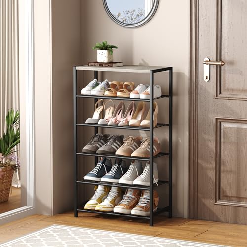 HOMEFORT 6 Tiers Shoe Rack Organizer,23" Shoe Storage Shelf for Closet, Shoe Rack for Entryway, Each Tier Fits 3 Pairs, Shoe Stand with Metal Shelves and MDF Top Board, Washed Gray - color: Washed Gray, size: 6-Tier (11.8"D x 23.23"W x 40.55"H)