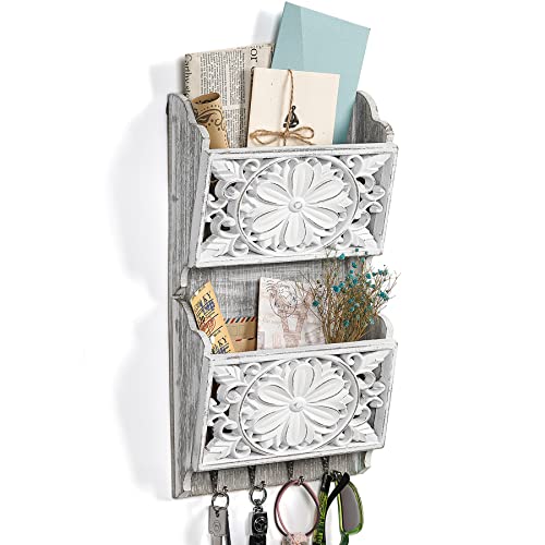 2-Slot Mail Organizer Wall Mount with 4 Hooks, Rustic Key and Mail Holder for Home Decorative, Wooden Key Hangers Wall File Organizer Letter Sorter for Letter Magazines - size: Medium