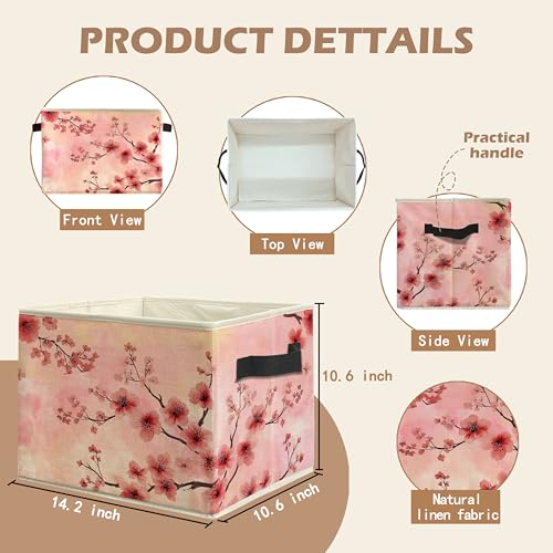 Pastel Pink Cherry Blossom Storage Bin Box with Handles, Aesthetic Pink Oriental Cherry Flower Foldable Linen Fabric Laundry Basket for Home Bedroom Bathroom Clothes Toys Books - color: Floral-I