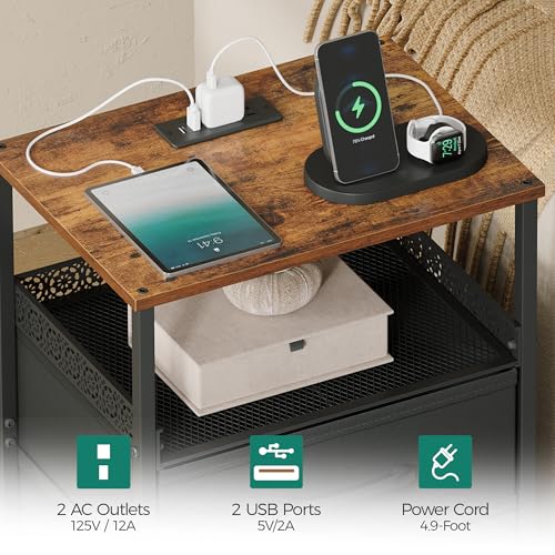 JARHETUN Nightstand Set of 2, Night Stands with Charging Station, 26.4 Inch Tall Bedside Table with Metal Shelf, Modern Side End Table with 3 Fabirc Drawers, Small Dresser for Bedroom, Rustic Brown - color: Rustic Brown, style: Power