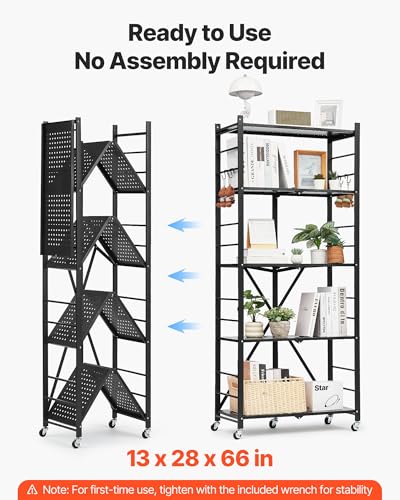 VEVOR 5-Tier Foldable Storage Shelf, 28W x 13D x 66H Inch Folding Metal Rack Shelving Unit, No Assembly Organizer Shelf with 5 Wheels & 4 Hooks for Pantry, Kitchen, Garage, Basement, Black - color: Black, size: 5-Tier