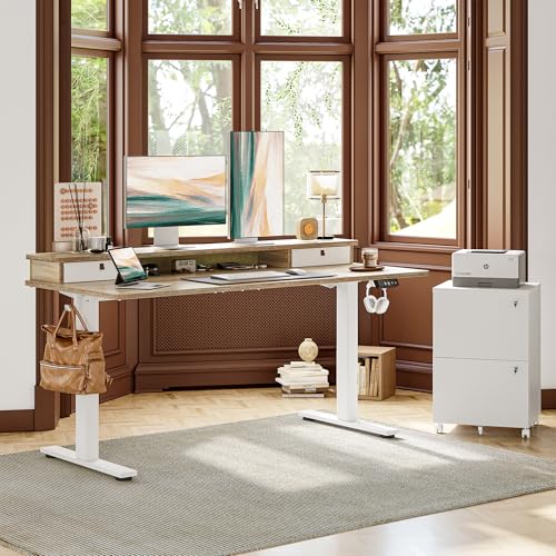 TIQLAB Standing Desk with Two Drawers, Stand Up Standing Desk Adjustable Height, Electric Sit Stand Table with Storage Shelf and Splice Board, 63 * 24 inch, Maple - color: Maple, size: 63*24 inch without keyboard tray