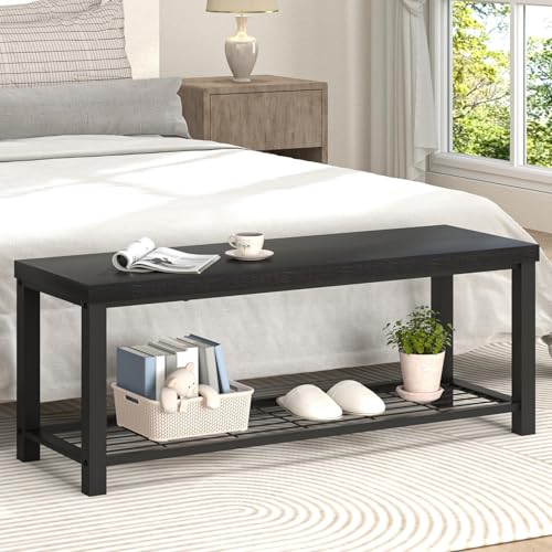 EXCEFUR Entryway Bench, Modern Wood and Metal Storage Bench for Hallway Front Door Entrance, Industrial Indoor Shoe Rack Bench Seat for Bedroom Living Room, 43.3 Inch Black - color: Black, size: 2-Tier