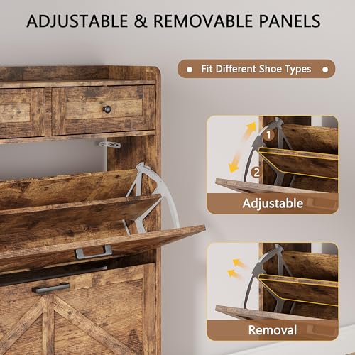 Shoe Cabinet with 2 Flip Drawers & 2 Top Drawers, 43" Tall Freestanding Narrow Wooden Shoe Storage Organizer for Entryway, Hidden Slim Shoe Rack for Front Door Entrance, Hallway, Living Room, Brown - color: Brown, size: 2 Flip Drawers