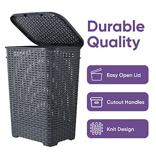 Plastic Laundry Hamper with Lid 3 Pack Laundry Hamper Basket, Grey Tall Cloths Hamper Organizer with Cut-out Handles. Space Saving for Laundry Room Bedroom Bathroom, Wicker Design 60 Liter - color: Grey, size: 3-pack