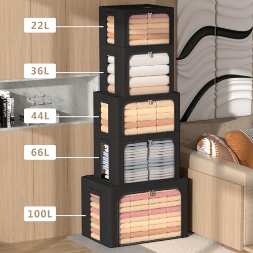 CYhom 3Pack Frame Storage Box - Clothes Storage Bin Bags Oxford Fabric Foldable Stackable Container Organizer Set with Clear Window & Carry Handles (Black, Large-66L) - color: Black, size: Large-66L