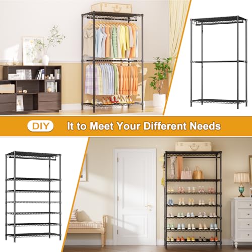 Ulif E13 Max Heavy Duty Clothes Rack（With 4 Hanger Rods & 8 Shelves） Freestanding Clothing Racks for Hanging Clothes，Adjustable Closet，Metal Garment Rack 86" W x16 D x77 H，Max Load 1100LBS，Black - color: Black, size: E13 Max