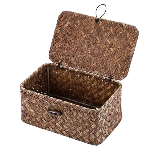 Hipiwe Handwoven Wicker Basket with Lid Desk Organizer for Remote Control Key Glass Coffee Color Seagrass Box for Decoration, 7.0"L x 4.3"W x 3.3"H - color: Coffee color, size: 7.0" x 4.3" x 3.3"