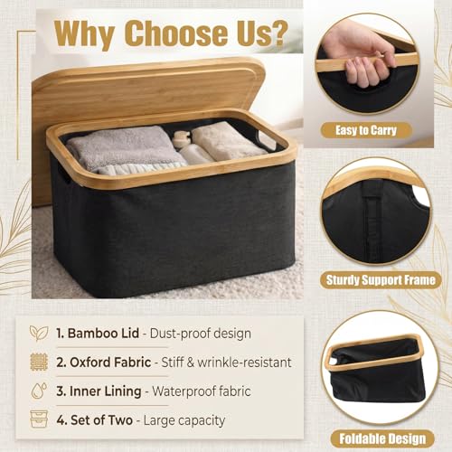 Novabright 2 Pcs Collapsible Storage Basket with Bamboo Lids 15" x 10" Foldable Fabric Storage Bins with Handles for Organizing Shelves Closet Laundry Room Bathroom Clothes Towel(Black) - color: Black