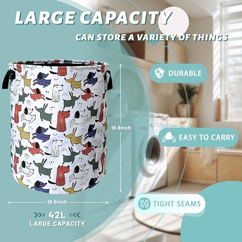 Cute Cartoon Animal Dogs Laundry Basket Foldable With Handles Tote Bag Oxford Cloth Funny Dog Laundry Hamper Clothes Storage Bucket Toy Organizer 18.9" x16.5" For Bathroom/Laundry/Bedroom - color: Cute Hand Drawn Dog