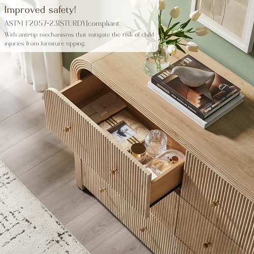 T4TREAM Fluted 6 Drawers Dresser for Bedroom, 54" Wide Modern Chest of Drawers with Thickened Curved Profile Design, Wood Dressers TV Stand for Bedroom, Living Room, Hallway, Natural Oak - color: Natural Oak, size: 15.75"D x 54"W x 36"H(6 Drawers)