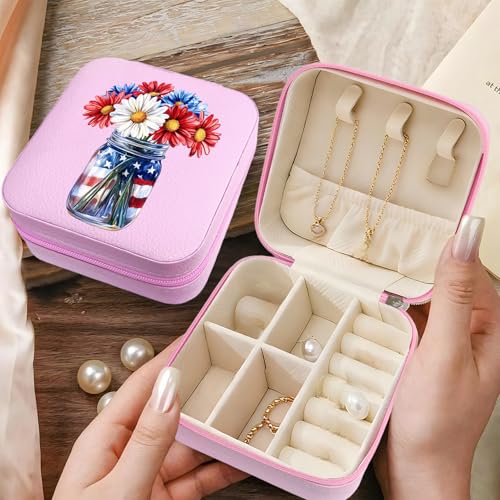 Flower Pattern Portable Print Jewelry Box, 1pcs Pink Compact Jewelry Box Travel Jewelry Case Travel Case Organizer Bag Storage Box Jewelry Holder For Necklace Earrings Rings Bracelet Y09 - color: Flower