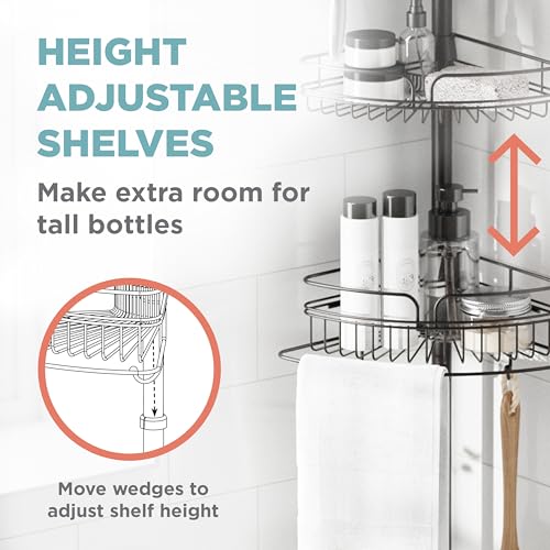 Zenna Home Tension Pole Shower Caddy Corner Organizer, Adjustable Standing Shower Caddy with 4 Baskets and Built in Towel Bar, Rust Resistant Bathroom Tension Rod Organizer, 60 to 97 Inch, Bronze - color: Bronze