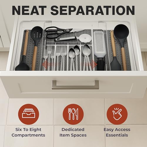 Masirs Expandable Utensil Drawer Organizer - BPA-Free Plastic Clear Silverware Tray with Multiple Compartments - Non-Slip Cutlery Storage for Kitchen, Bathroom, or Office Drawers (Black) - color: Clear / Black