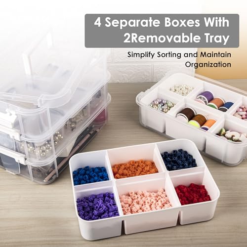 CraftGenes Craft Organizers and Storage, 10QT 4-Layer Durable Sewing Organizer for Sewing Supplies with 2 Removable Trays, DIY Kit Container for Seasonal Decor, Tool, Scrapbook and Art Supplies - color: White