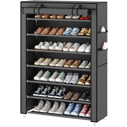 Laiensia 7-Tier Vertical Shoe Rack Organizer, Space Saving Shoe Storage Organizer, Non-Woven Cover Shoe Shelf Holds 28-35 Pairs for Bedroom, Hallway, Closet Entryway, Grey - color: Grey, size: 7-tier