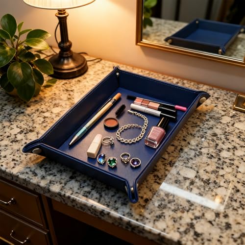 Leather Valet Tray Catchall Organizer, Navy Blue Desktop Storage for Keys, Coins, Wallet, Phone, Jewelry | Multi-Use Entryway Table, Desk & Nightstand Storage for Men & Women (Blue) - color: Blue
