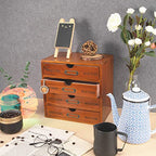 Wooden Storage Box Rustic Desktop Organizer with Drawers/Labels 4 Tier Office Desk Accessories Shelf with A6 Clipboard Small Craft Storage Apothecary Cabinet and Chest Jewelry Holder for women
