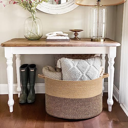 Goodpick Extra Large Wicker Storage Basket, 83L Woven Blanket Storage for Living Room, Round Baby Basket for Clothes, Big Laundry Hamper for Pillow, 21.7 x 13.8 inches - color: Black & Jute, size: 21.7x21.7x13.8 Inch (Pack of 1)