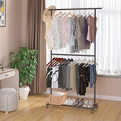 Sywhitta Double Rod Clothing Garment Rack, Rolling Clothes Organizer on Wheels for Hanging Clothes, Easy to Assemble, Adjustable, Black - color: Black, size: No mesh