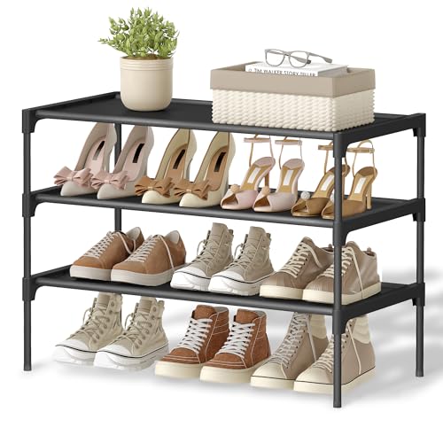 SONGMICS Shoe Rack, 3-Tier Shoe Storage Organizer, Space-Saving, 11.7 x 24.5 x 21 Inches, Entryway, Metal Frame, Non-Woven Fabric Shelves, Ink Black ULSH023BH01 - color: Ink Black, size: 3 Tiers (24.5"W)