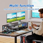 Simple Trending 2 Tier Metal Monitor Stand Riser with USB 2.0 and Charging Prot , Computer Office Desktop Organizer for 2 Monitors with 2 Drawer Storage and Reusable Cable Ties for Printer, TV, Black