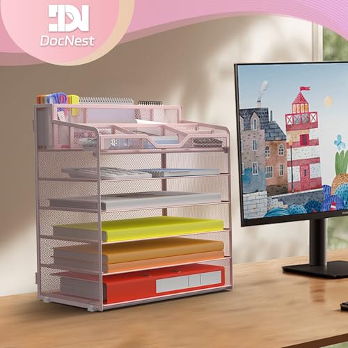 Docnest 6 Tier Mesh Desk Organizer for Paper Office Supplies – Multi-Functional Letter Tray with 5 Adjustable Compartments, 9 Pen Holders, Desktop Storage for Files, Mail, Stationery – Pink - color: Pink, size: 12.7" x 9.1" x 15.5"