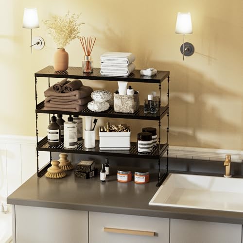 Jojocross Adjustable Stackable Metal Storage Shelf Organizer - Expandable Wire Rack with Perforations for Kitchen, Pantry, Bathroom, Cabinet & Office-Compact, Durable & Sturdy(1PACK/Large/Black) - color: 1pack/Large/Black, size: Large