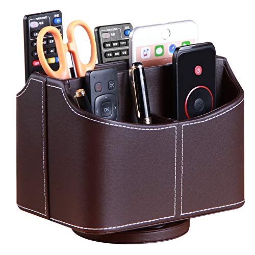PUSU Remote Control Holder PU Leather 360 Degrees Rotatable Desktop Supply Organizer Storage Box for Controllers Media Stationery Nightstand TV Caddy E-reader iPad Phone Pen/Pencil Cosmetic(Brown) - color: A Brown