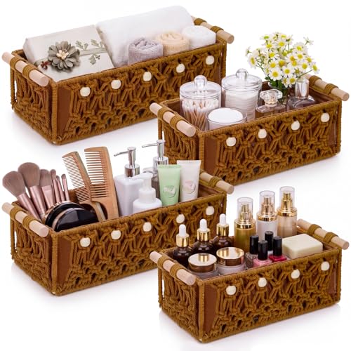 Vesici 4 Pcs Rustic Brown Macrame Storage Basket for Shelves 13 in 11 in Boho Basket Hand Woven Boxes with Wood Handles Beads Decorative Countertop Toilet Tank Cabinet Organizer for Home Room Decor - color: Rustic Brown