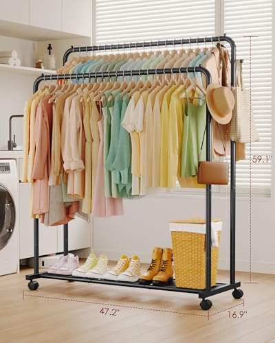 Sakugi Clothes Rack - Double Rods Clothing Rack with Mesh Shelf, Hooks & Wheels, Metal Clothing Racks for Hanging Clothes & Bags, Multifunctional Garment Rack for Laundry, Black, 47.2" x 16.9" x 59.1" - color: Black, size: X-Large 47.2"W x 16.9"D x 59.1"H