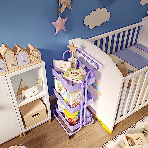 3 Tier Rolling Storage Cart, Metal Rolling Utility Cart with Wheels, Multifunctional Sturdy Organizer for Snack Cart, Craft Art Supplies, Kitchen, Bathroom, Office, Nursery Diaper - color: Purple