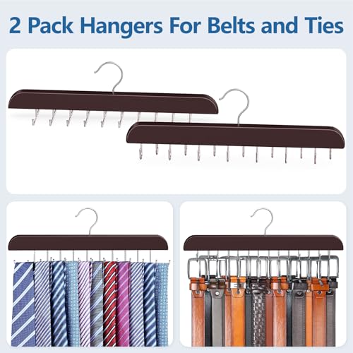 2 Pack Tie Rack & Belt Hanger 2 in 1 Tie Hanger Space Saving Max 42 Belts& 60 Ties Capacity for Closet Organizers and Storage, Sturdy Wood Belt & Tie Collection Organizer - color: Brown