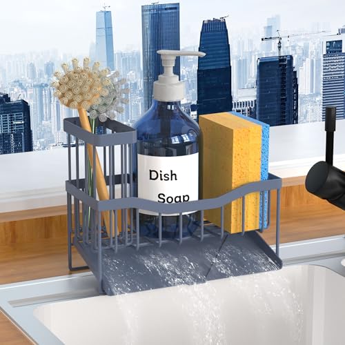 Fssvcd Maifan Sink Caddy Sponge Holder for Kitchen with Brush Holder and Stainless Steel Self Drain Tray, Rustproof Kitchen Sink Organizer for Sponge, Soap Dispenser Storage Accessories Grey Blue - color: Grey Blue