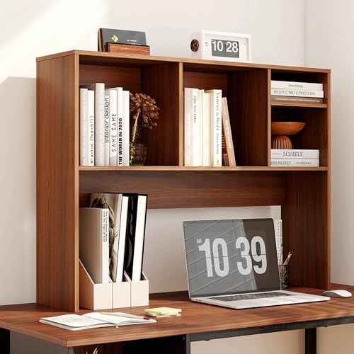 Tangkula Desktop Bookshelf, Countertop Storage Hutch with 4 Shelves for Computer Desk, Desktop 2-Tier Display Rack, Multipurpose Wood Desk Hutch Storage Organizer for Dorm Office Home (Walnut) - color: Walnut, size: 4 Shelves