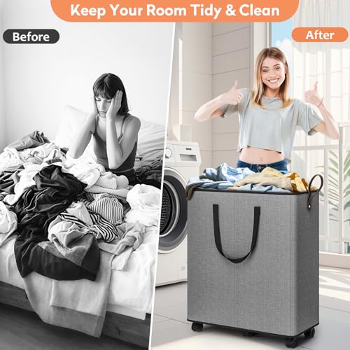 SpaceTrove Laundry Basket with Wheels, Collapsible Laundry Baskets, Laundry Hamper with Handles Detachable Wheels, Rolling Laundry Basket, Dirty Clothes Hamper for Bathroom, Dorm, Bedroom, Grey, 136L - color: Grey, size: 136L