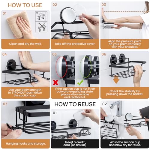 LEVERLOC 2 Pack Shower Caddy Suction Cup, Shower Shelves for Inside, Rustproof Metal Bathroom Storage NO-Drilling Bath Organizer with Large Capacity,Heavy Duty Storage Basket,Home Decor,Black - color: Black