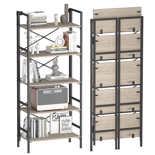 Homeiju Folding Bookshelf,5 Tier Bookcase Foldable Shelf with X-Bracket Design, Adjustable Feet, Space Saving Storage for Living Room, Office - color: Brownish, size: 5 Tier
