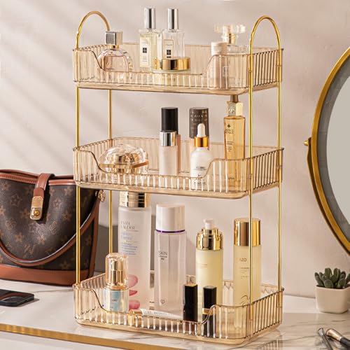 Bathroom Counter Organizer Countertop, 3 Tier Makeup Perfume Shelf Storage, Skincare Cosmetic Tray for Dresser Vanity - Gold - color: Amber Gold, size: 3 Tier