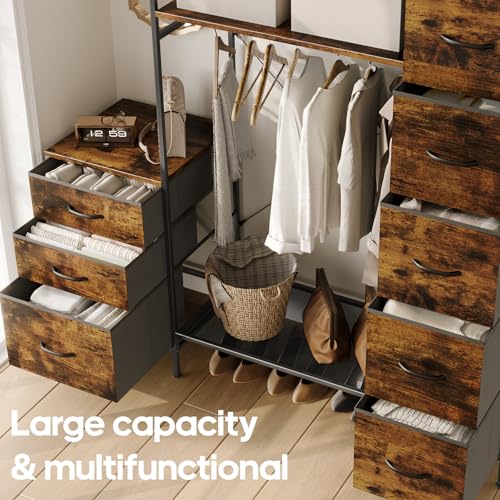 Garment Rack with Drawers, Freestanding Closet Organizer with Shelves, 55W*57.08H Heavy Duty Clothes Rack with Hanging Rod, Clothing Wardrobe Closet for Bedroom, Living Room, Entryway, Laundry Room - color: Coffee
