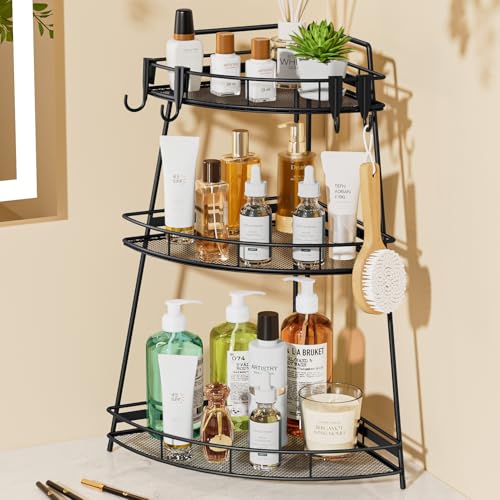 VITVITI 3 Tier Corner Bathroom Counter Organizer, Metal Bathroom Countertop Organizer Shelf Storage, Bath Room Sink Makeup Organizers for Vanity Skincare with Hooks, Black - color: Black