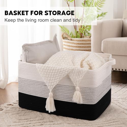OIAHOMY Large Blanket Basket, 65L Cotton Rope Woven Laundry Basket, Toy Bin for Baby Room, Container for Blanket Storage in Living Room, 20''×16''×12'', Gradient Black - color: Gradient Black, size: 65L