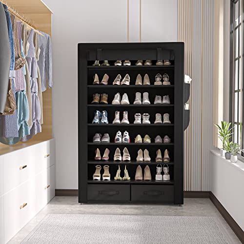 OYREL Tall Shoe Rack Dustproof Cabinet Large Capacity 8 Tier Shoe Organizer,32-40 Pairs of Shoes - size: 8Tier with 2bins Black
