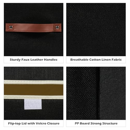 Storage Boxes with Lid Cotton Linen Fabric Storage Bins Organizer Container Decorative Collapsible Washable Shelf Baskets Faux Leather Handles for Home Bedroom Closet (Black, Large Size) - color: Black, size: Large (Set of 1)