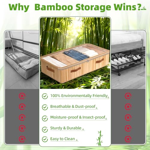 Livole Bamboo Under Bed Storage, 6 inches Underbed Storage Containers, 56L XXL Under Bed Storage Bins with Clear Lid & Label for Clothes, Blankets, Sweater, Shoes, 1 Pack - size: Standard - 6"H