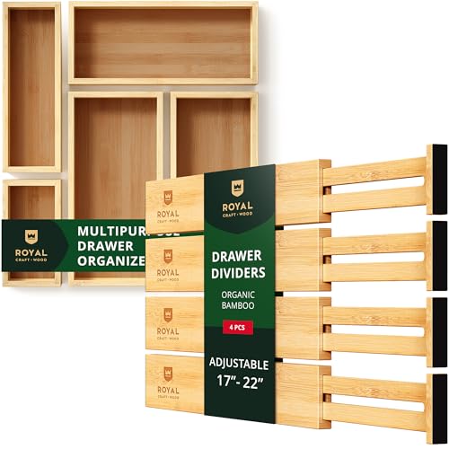 ROYAL CRAFT WOOD Adjustable Bamboo Drawer Dividers Organizers (17-22") - Multipurpose Storage Boxes 5 pcs