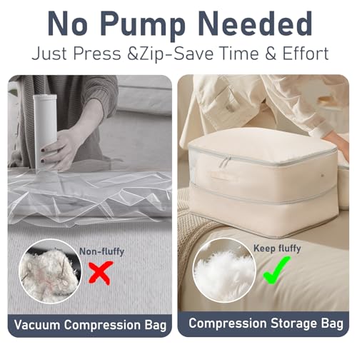 DIMJ Comforter Storage Bag 6 Pack - Blanket Storage Organizer Compression Bags, Large Capacity Ultra Space Saving Self Compression Organize for Bedding, Pillow, Duvet, Sheet Storage with Zipper Window - color: Beige, size: 66L x 6 Pack