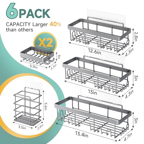 Veken 6-Pack Rustproof & Waterproof Shower Caddy, Adhesive Shelves Rack, Large Capacity Bathroom, College Dorm & Apartment Organizers, No-Drill Wall Mount Living Room & Bedroom Decor, Light Grey - color: E. Light Gray