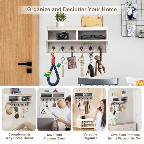 Key Holder Wall Mount - Mail Organizer Wall Mount with 6 Key Hooks and Storage Box for Sunglasses Storage and Dog Leash Holder Home Decor Rack Apartment Farmhouse Shelf Entryway Organizer (White) - color: White