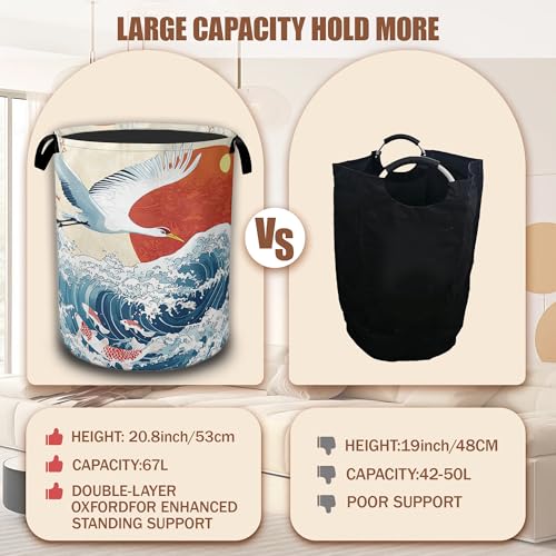 White Crane Laundry Baskets,Red Sun Japanese Wave Laundry Hamper,Storage Basket with Handles for Bathroom Bedroom College Dormitory Living Room Nursery Organizer 16"x20.8" - color: White Crane, Red Sun Japanese Wave